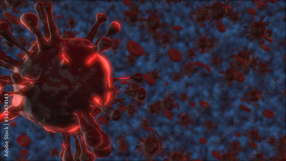 Medical background. Group Red bacteria and Red blood cells. virus cells 3D Rendering.