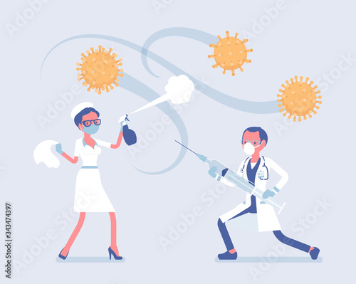 Doctors, health care workers fighting against virus. Physicians, nurses on frontline against coronavirus with giant medical tools, professionals on infections. Vector flat style cartoon illustration