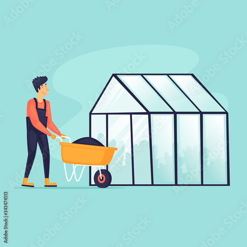 Man near the greenhouse, agriculture, spring, vegetable planting season. Flat design vector illustration.	
