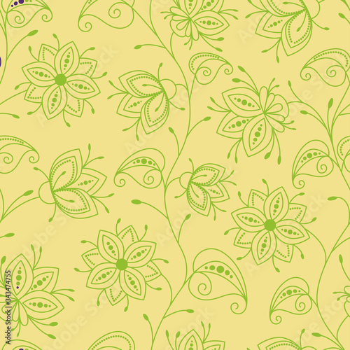 Seamless pattern. Decorative wildflowers. Floral green contour pattern on a yellow background. Vector illustration