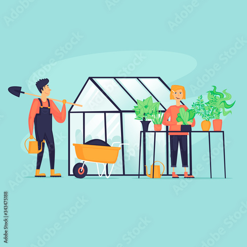 Man and woman near the greenhouse, agriculture. Flat design vector illustration.