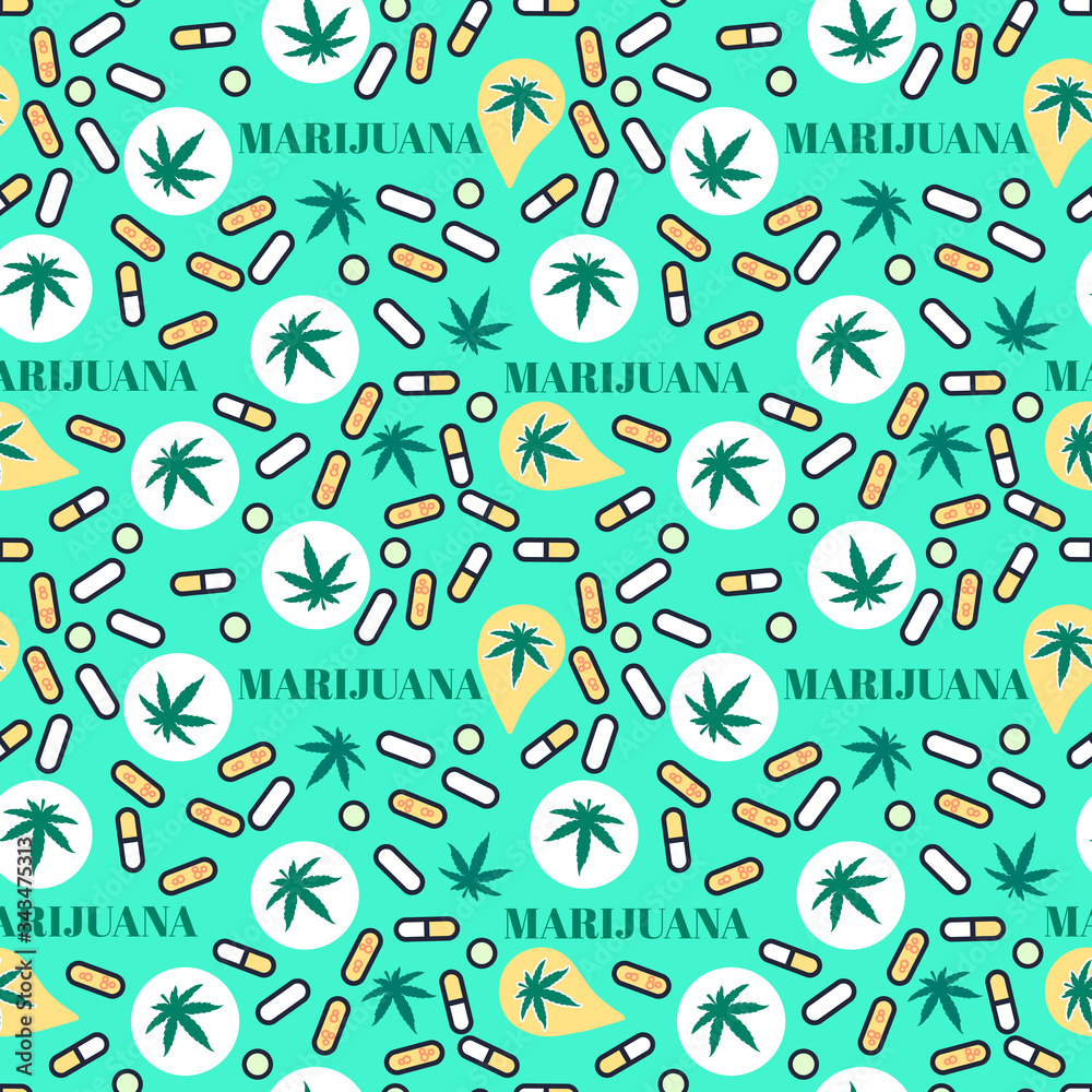 Marjuana pills Seamless pattern with leaf hemp. Organic Cannabis THC tablets. Vector texture on bright color background. Surface medical legalize design