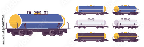 Tank car wagon for railway transportation. Liquid, oil, gaseous commodities commercial delivery, tanker transport business industry. Vector flat style cartoon illustration, different views and colors