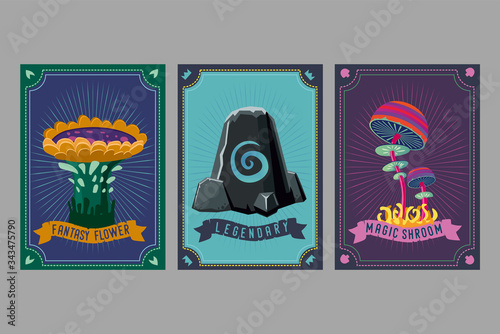 Card game collection. Fantasy ui kit with magic items. User interface design elements with decorative frame. Cartoon vector illustration. Mushroom, crystal and plant.