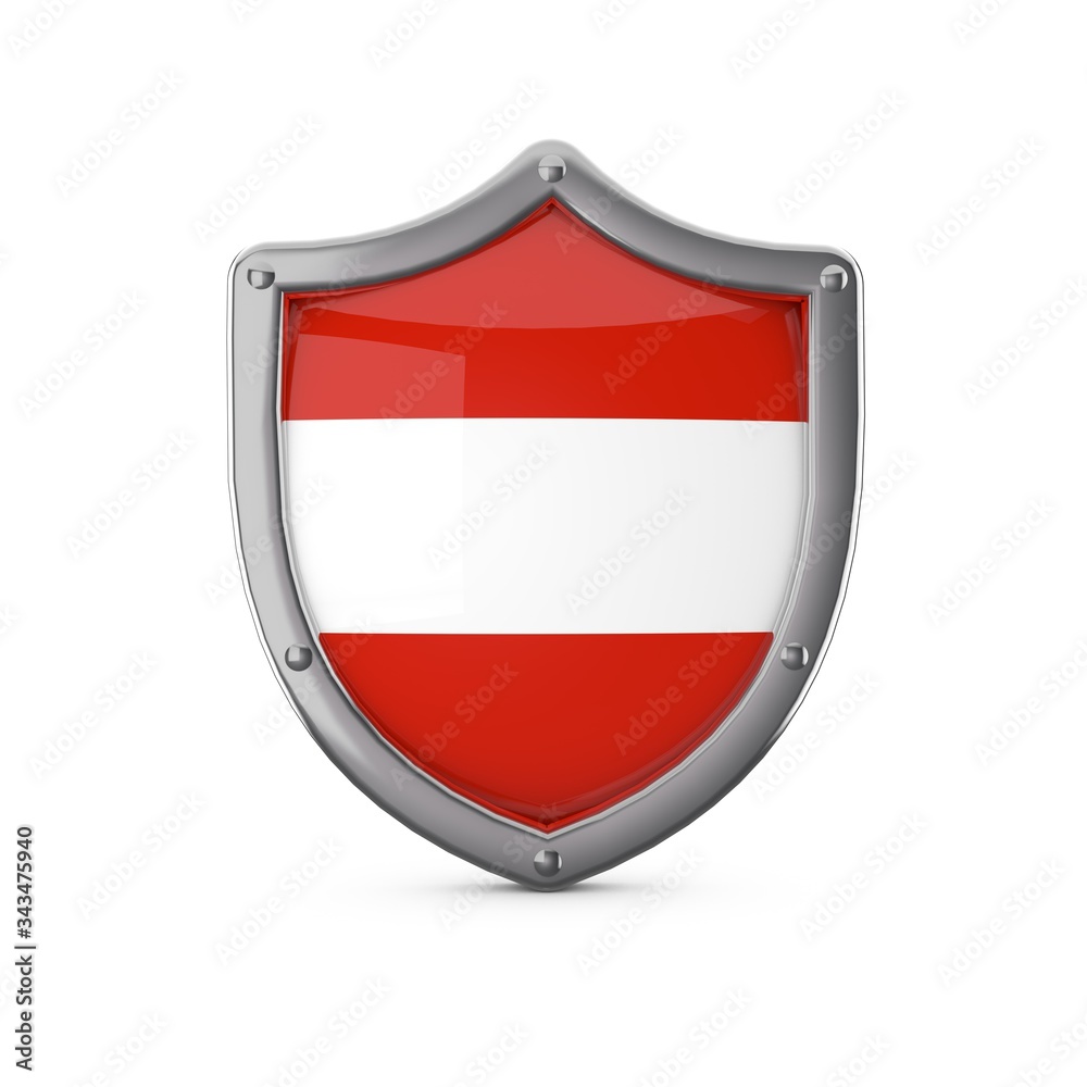 Austria security concept. Metal shield shape with national flag Austria security concept. Metal shield shape with national flag