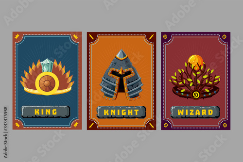 Game asset pack. Crown and helmet kit. Fantasy card with magic items. User interface design elements with decorative frame. Cartoon vector illustration.