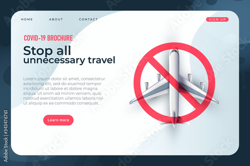 stop all unnecessary travel, covid 19 brochure with realistic 3d plane illustration