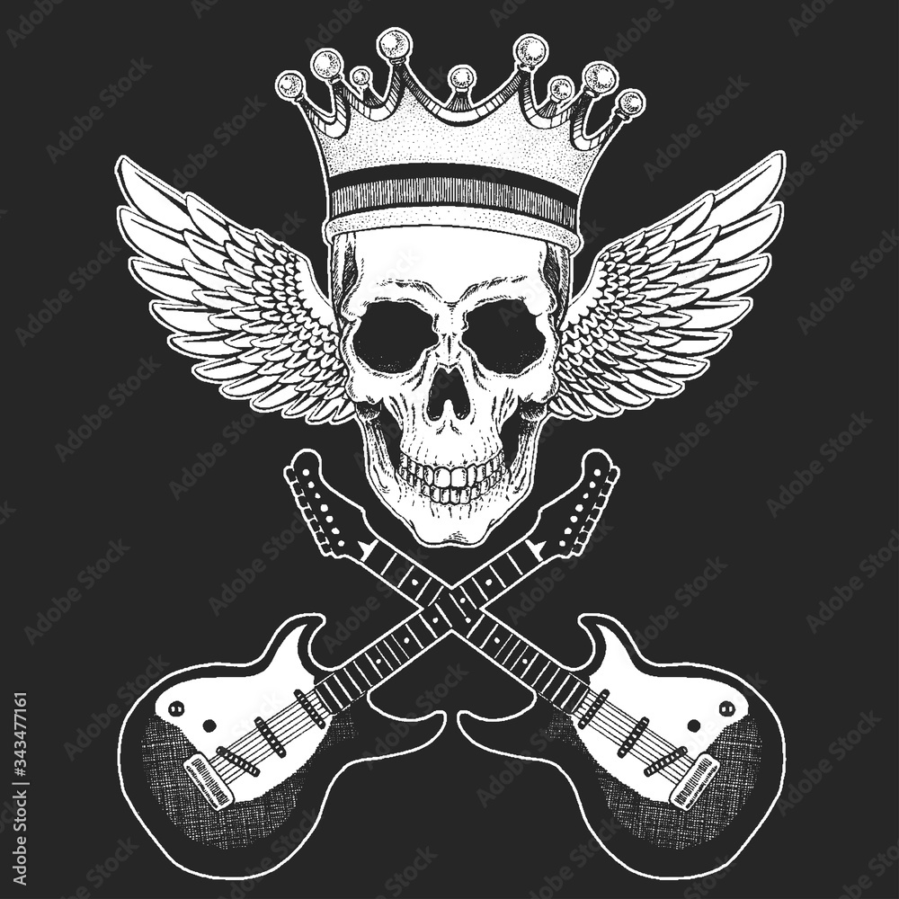 Fototapeta premium Rock music festival. Cool print with skull, guitars, wings, headphones for poster, banner, t-shirt.