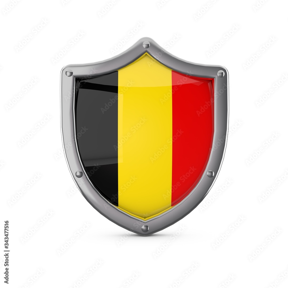 Fototapeta premium Belgium security concept. Metal shield shape with national flag