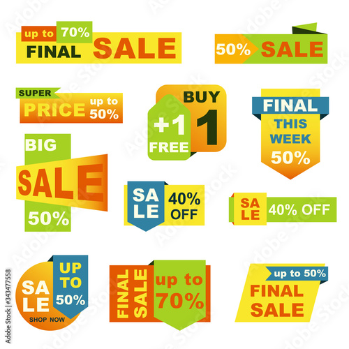 Final sale badges set. Up to 50 percent off discount, super price various stickers. Seasonal or weekend shopping, commerce advertising tags. Clearance sale badges vector design for retail announcement