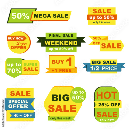 Super offer badges set. Mega sale only this week isolated stickers. Weekend shopping, commerce advertising, color discount tags. 25, 40, 50, 70 percent off reduction vector stickers for final sale.