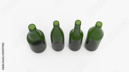 Green soda bottles. Beer bottles. Isolated on white. Clipping path. 3D Rendering.