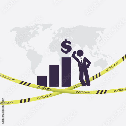 End of Lock Down - Economy Starts to Grow Again - Concept with Bar Chart, Dollar Sign, Fallen Cordon Tape and Businessman