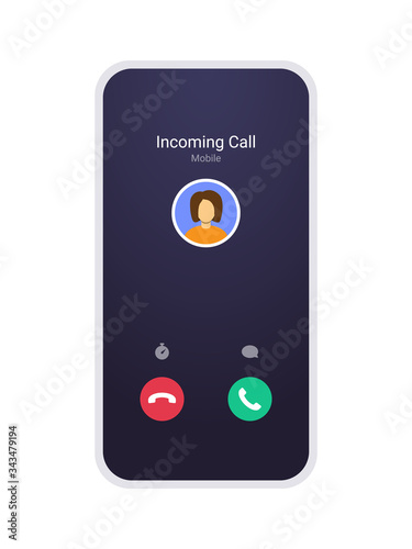 Call screen mockup, abstract incoming call window interface with hang buttons and icon of clock and text icon. Mobile phone ui elements in modern flat style.