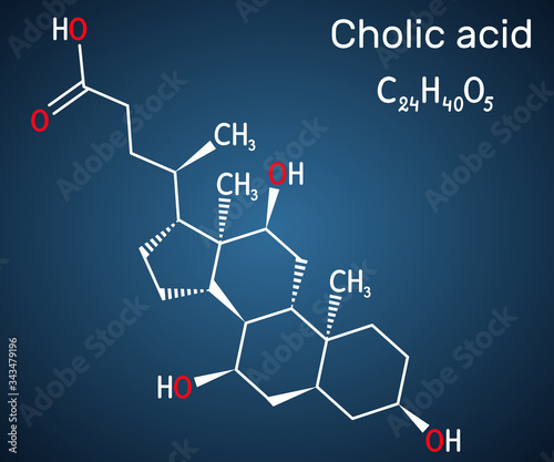 Cholic acid, C24H40O5 molecule. It is major primary bile acid produced in the liver. Nutritional supplement E 1000.  Structural chemical formula on the dark blue background photo