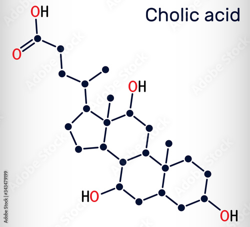 Cholic acid, C24H40O5 molecule. It is major primary bile acid produced in the liver. Nutritional supplement E 1000.  Structural chemical formula photo