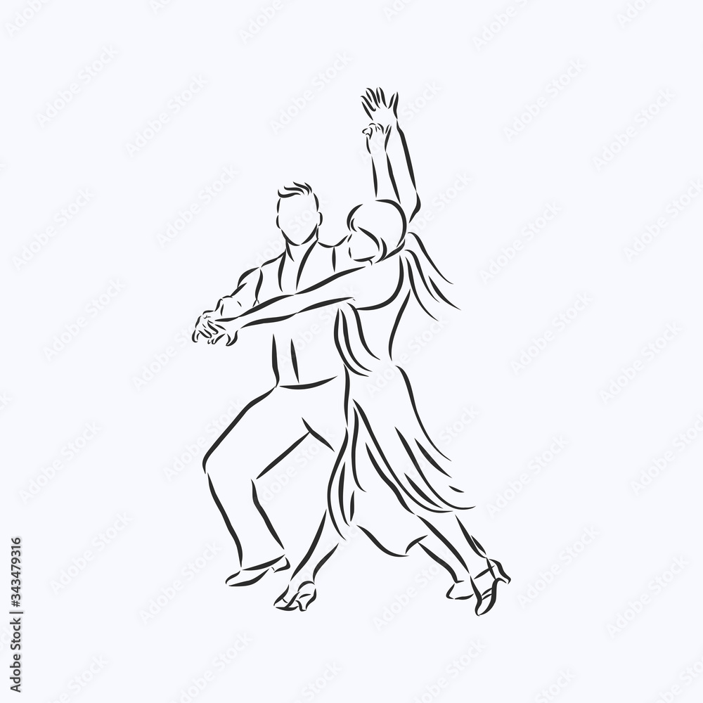 Illustration of a dancing man and woman. Icon ballroom, sports dances. Rumba, Latin American dances. Vector flat illustration.