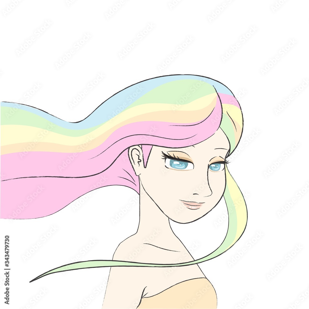 Cute girl with rainbow hair, cartoon character design Cute girl with rainbow hair, cartoon character design