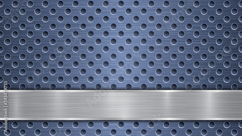 Background of blue perforated metallic surface with holes and horizontal silver polished plate with a metal texture, glares and shiny edges