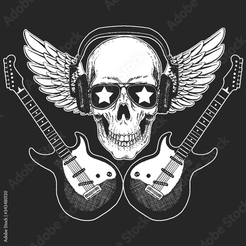 Rock music festival. Skull with guitars. Cool print for poster, banner, t-shirt.