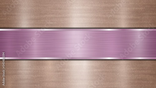 Background consisting of a bronze shiny metallic surface and one horizontal polished purple plate located centrally, with a metal texture, glares and burnished edges
