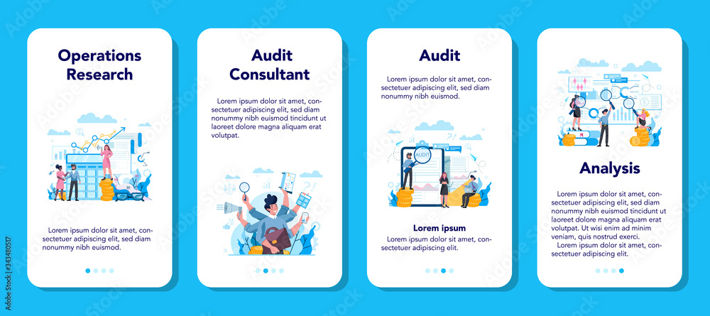 Audit mobile application banner set. Business operation research