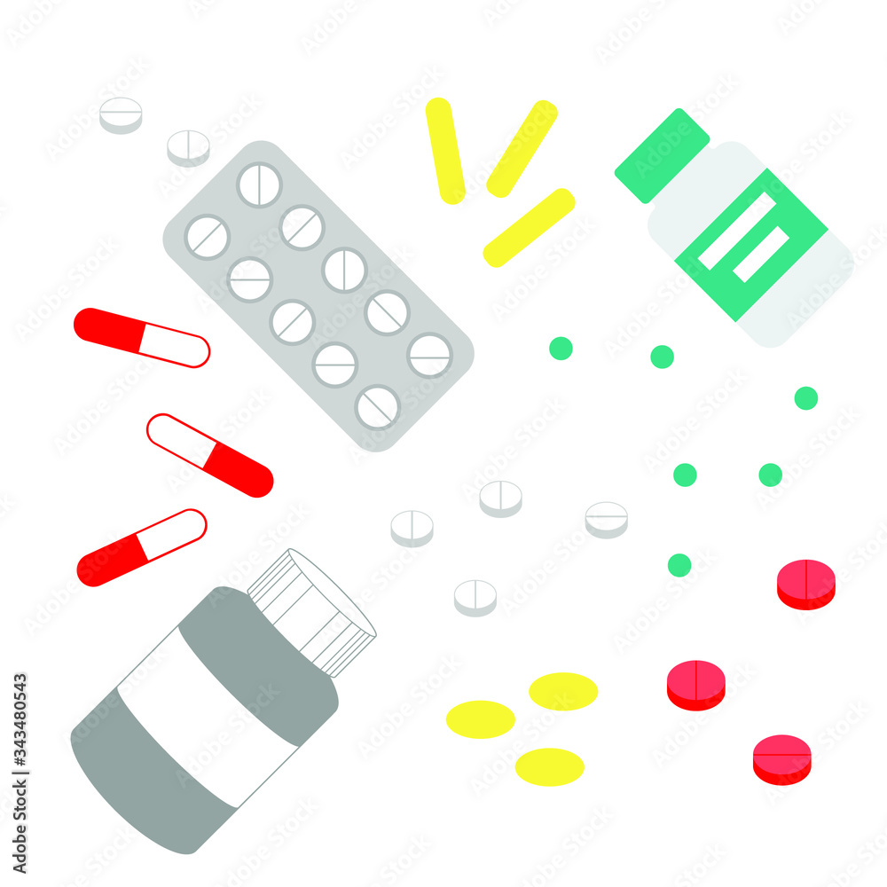 medicine pills and capsules set isolated on white background. Vector stock illustration. 