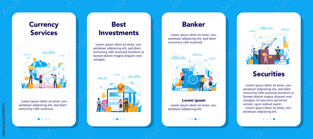 Banker or banking mobile application banner set. Idea of finance Banker or banking mobile application banner set. Idea of finance