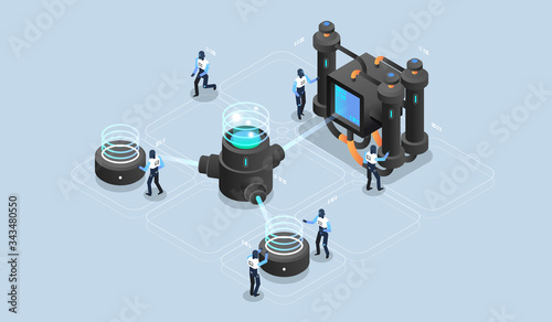 big data processing, data center warehouse, data science, server room. Tech visualization. Modern isometric illustration.