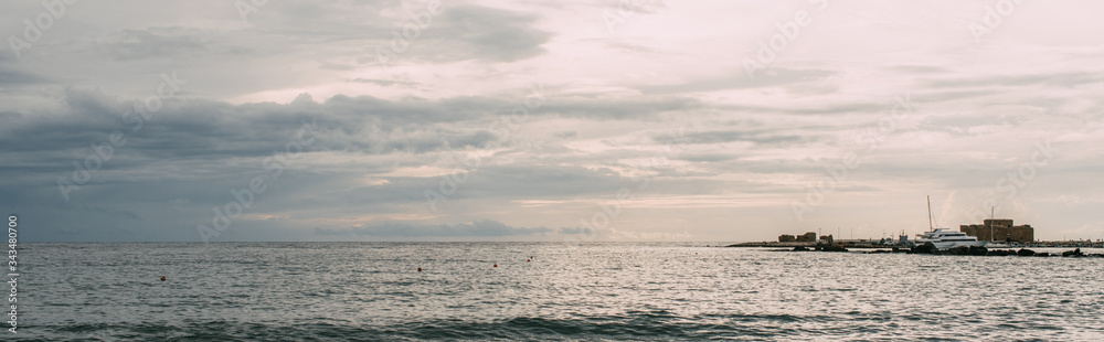 panoramic shot of white ship in mediterranean sea