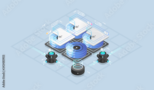 Isometric design concept virtual reality and augmented reality. software development and programming. Computation of big data center, information processing, database. isometric vector technology
