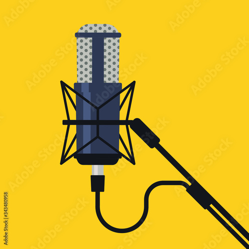 Studio microphone vector. Podcast recording. Mic sign. Mike symbol. News illustration with micro. News on air radio. Audio interview. 