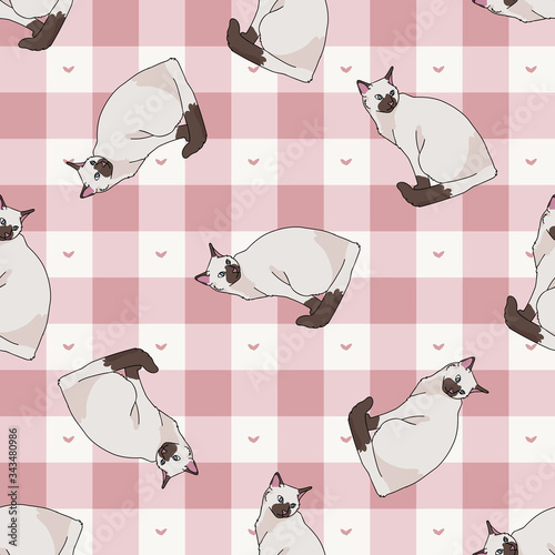 Cute cartoon siamese cat seamless vector pattern. Pedigree kitty breed domestic kitty background. Cat lover seal point all over print. Feline EPS 10. 