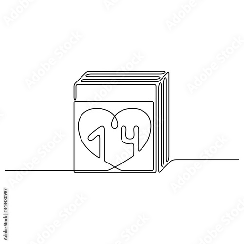 Continuous line drawing. A calendar with a heart around the date. 14th of February. Valentine's day. Template for love cards.  Black isolated on white background. Hand drawn vector illustration. 