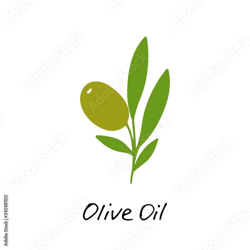 Olive oil. Cosmetic ingredient. Nutritional oil for skin care and health. Hand-drawn icon of olive and hand writting inscription. Vector illustration.
