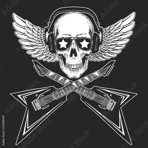 Rock music festival. Skull with guitars. Cool print for poster, banner, t-shirt.