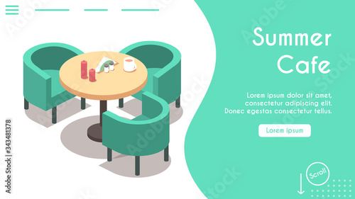 Vector banner isometric design of summer cafe