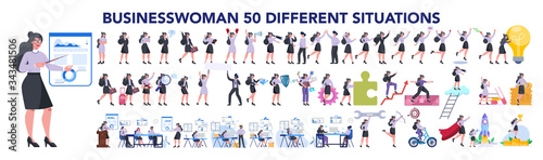 Set of business woman or office worker character with various poses