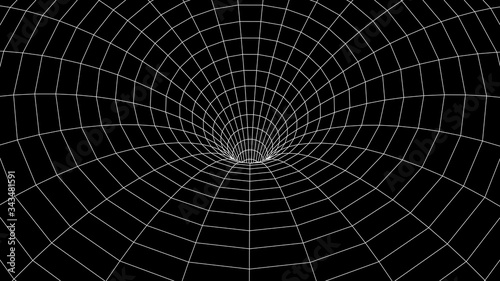 Tunnel or wormhole. Wireframe 3D surface tunnel grid.