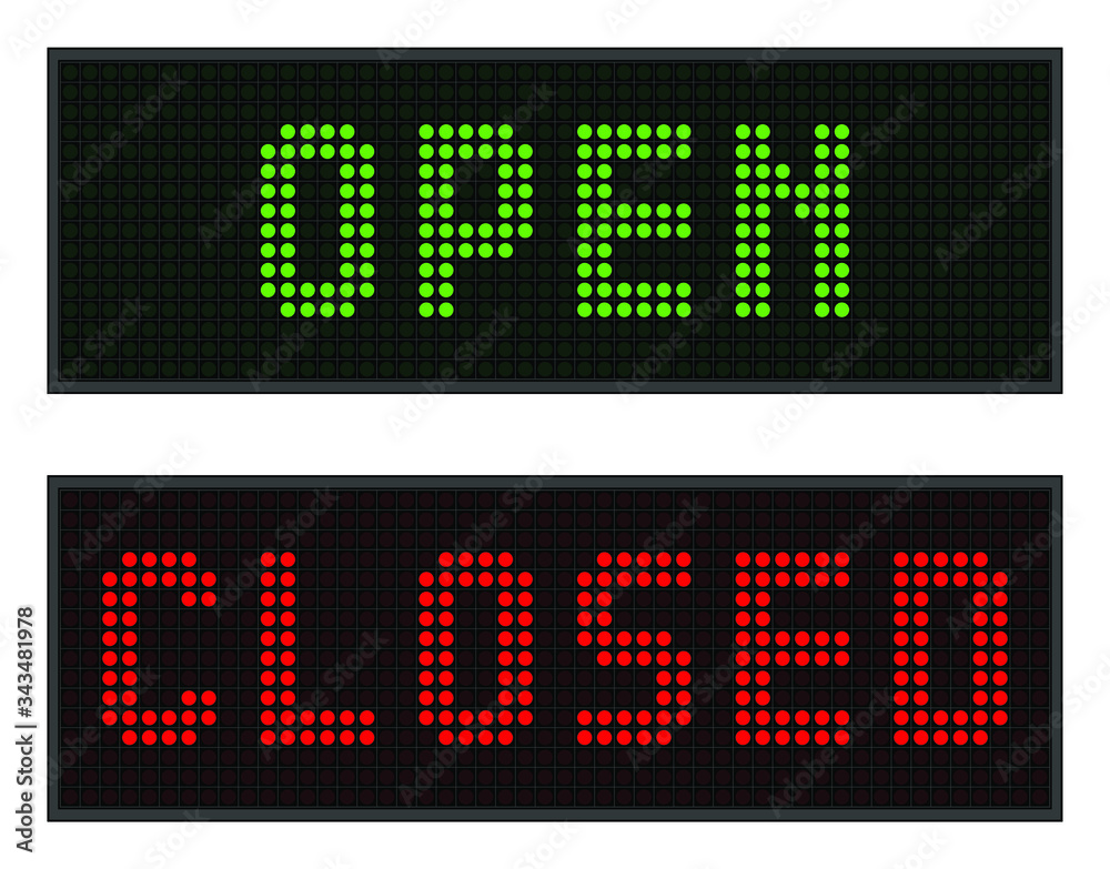 Led digital sign, open and closed text. Red and green light effect black background signboard. Led digital sign, open and closed text. Red and green light effect black background signboard.