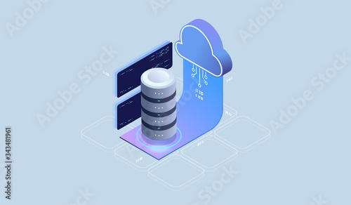 Modern cloud technology and networking concept. Cloud database, Futuristic server energy station. Data visualization concept. 3d isometric vector illustration.