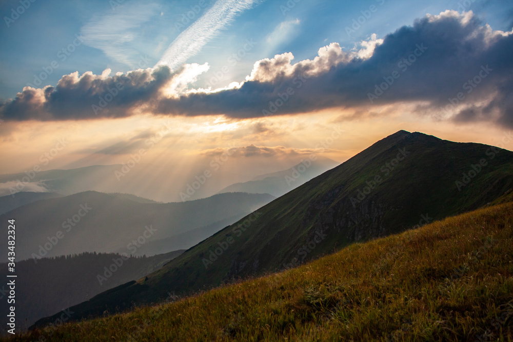 Fototapeta premium Beautiful sunset in the mountains landscape. Carpathian, Ukraine.