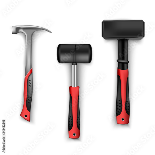 set of construction hammers in different sizes, metal and rubber for tiles with rubber black and red handles. Tool for drivers, builders and craftsmen isolated on white background. hammer isolated ove