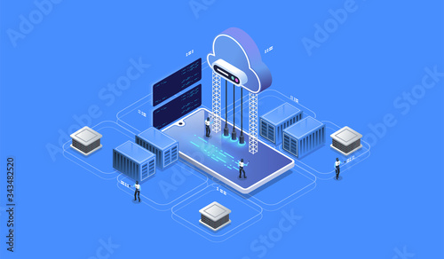 Modern cloud technology and networking concept. Cloud database, Futuristic server energy station. Data visualization concept. 3d isometric vector illustration.