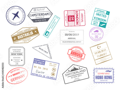 Vintage stamp in passport for traveling an open passport. International arrival departure airplane visa stamps set london, amsterdam, australia, malaysia, turkey, new york, germany, china vector © Idey
