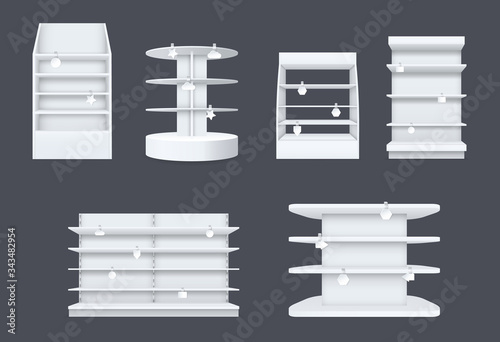 Store shelves with wobbler templates mockup set. Realistic empty shelving stands for retail on supermarket. Advertise goods with help wobbler discount tags vector illustration