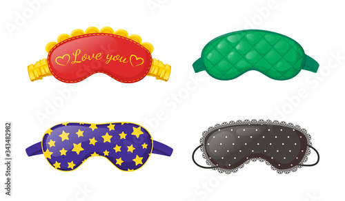 Sleep masks different shapes. Masks for good sound sleep. Eye protection accessories and prevention of healthy sleep vector illustration