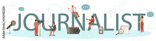 Journalist typographic header concept. TV reporter with microphone.