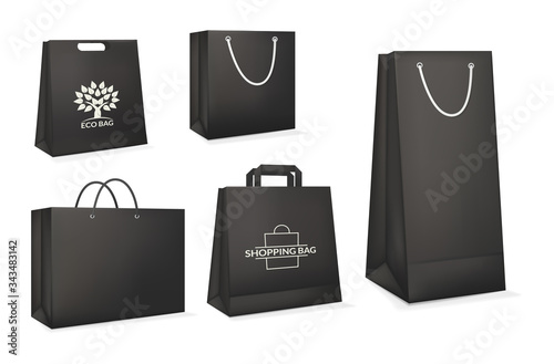 Mockup realistic black paper eco package bag templates. Brand clean, corporate identity blank packaging, eco paper shopping bag. Market shopping bag paper branding packaging template vector