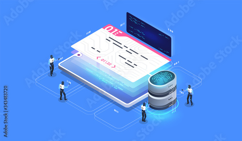 Smart contract, digital signature. Digital security access with biometrics data. Vector isometric illustration.